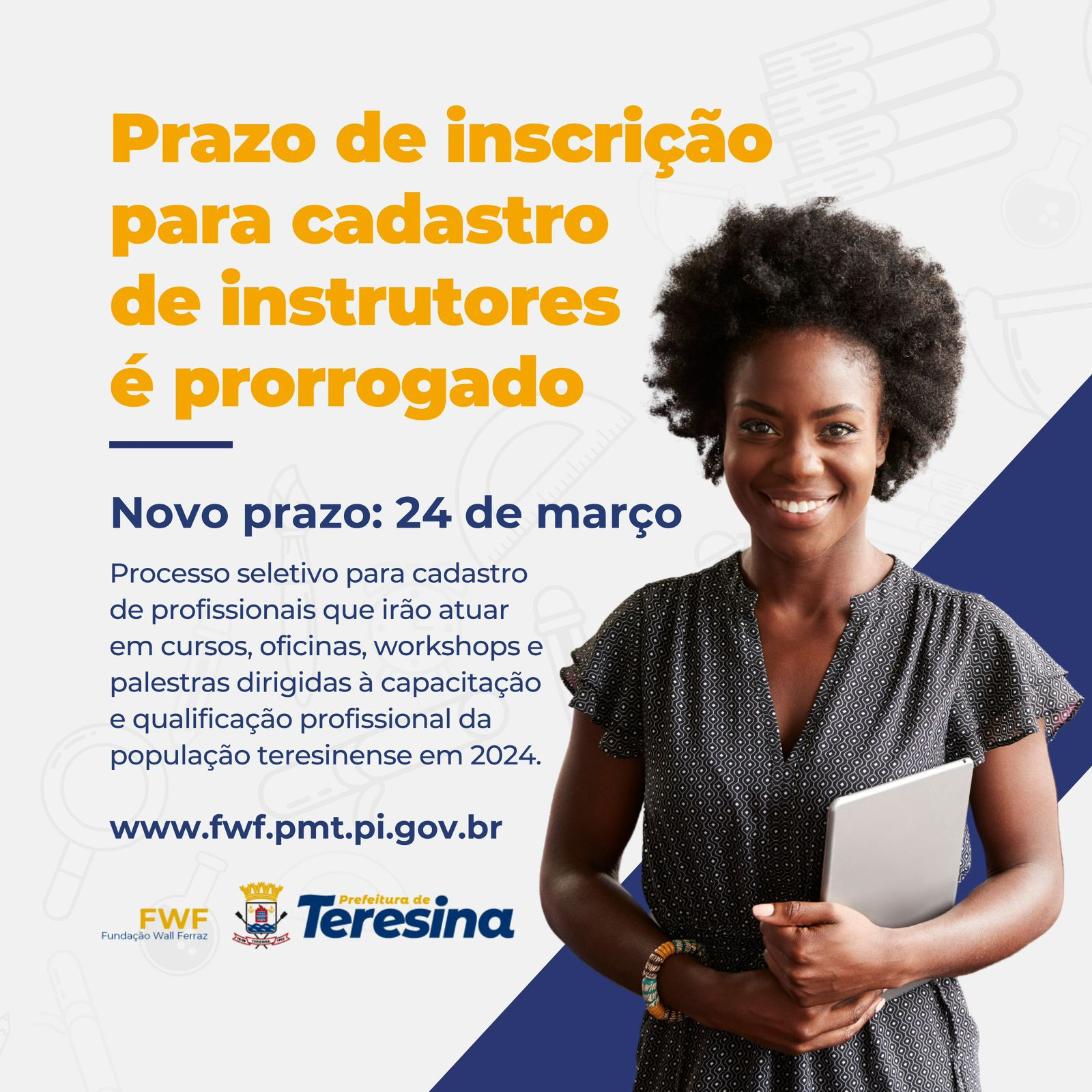 Qualificação Profissional: PMT prorroga prazo de inscrição para cadastro de instrutores